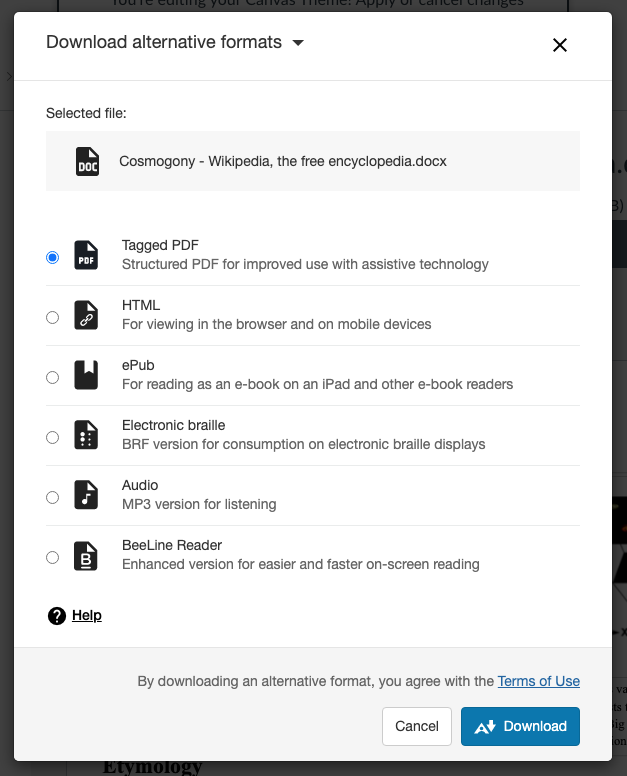 This image shows the screen where you can choose the file format you want Ally to create. Put a dot in the radio button to the left of the file type. Click Download at the bottom right-most corner of the screen.