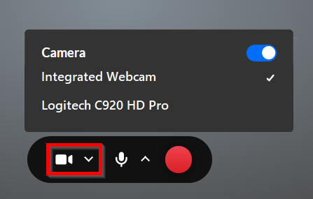 First item in the recording menu is Camera. Click it to turn off webcam recording or switch devices if you have more than one.