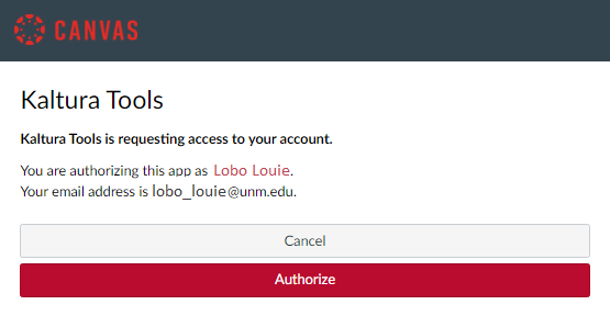 Kaltura Tools - Requesting access dialog box.  Click Authorize.