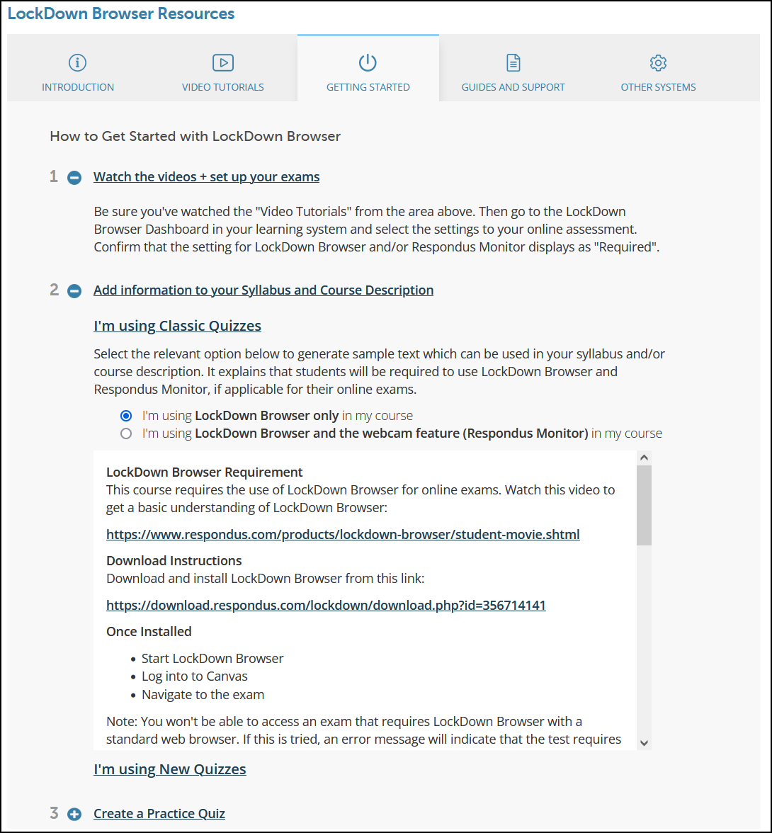 list of available respondus ldb settings