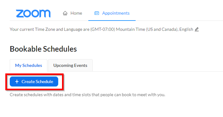 Below Bookable Schedules, My Schedules, is the plus Create Schedule button.