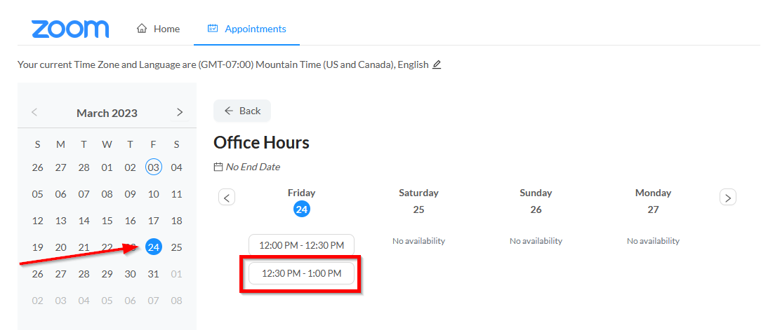 Calendar on right.  Choose date. Office Hours - center screen will show available slots.