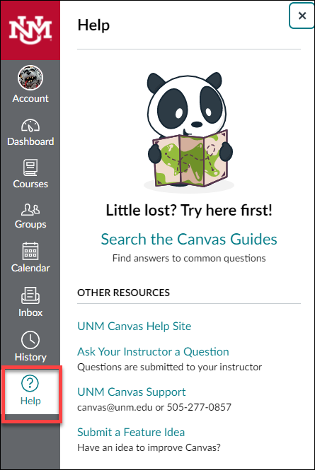 In the Canvas Global Navigation menu Click Help at the bottom, then under Other Resources click UNM Canvas Help Site.